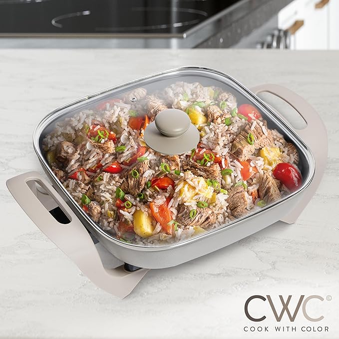 COOK WITH COLOR Electric Skillet - 12" x 12" Ceramic Nonstick Pan, PFAS-Free, 1400W, Tempered Glass Lid, Variable Temperature, Removable Heating Probe, Cool-Touch Handles, Sand