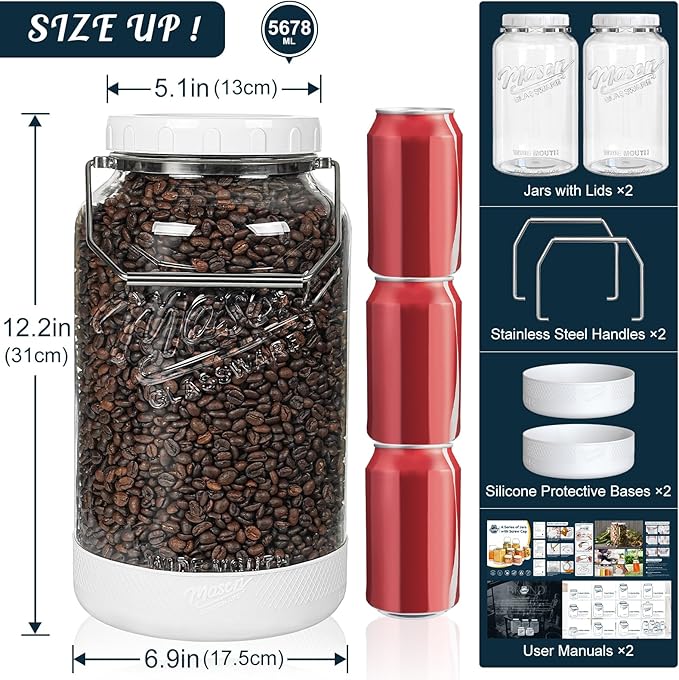 [NEW] 1.5 Gallon Huge Glass Jar with Airtight Lid, Wide Mouth Large Mason Jars for Fermenting, Pickling, Canning, Water Glassing Eggs, Kombucha, and Food Storage – with Handle & Scale Marks(2 Packs)