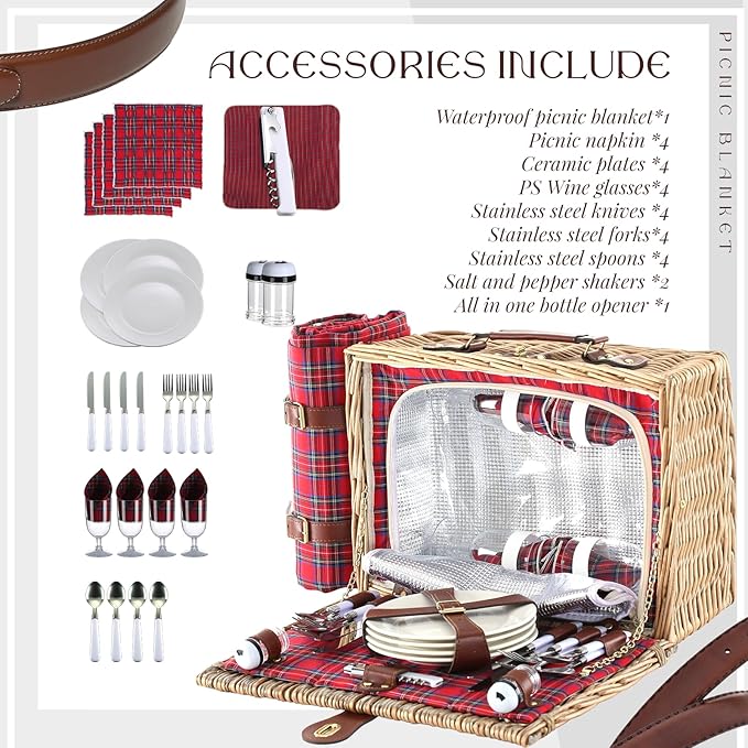 Picnic Basket Set for 4 with Waterproof Blanket Mat Insulation Bag Wicker Classic Vintage Retro Red Plaid Gift for Wedding Birthday Summer Camp Outdoor Camping Beach Travel Christmas