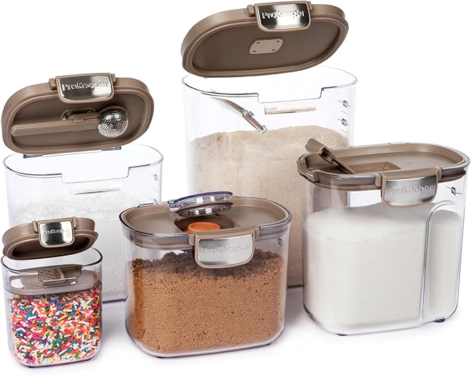 ProKeeper+ 9-Piece Airtight Food Storage Container Set – Clear Plastic Flour and Sugar Canister Set with Magnetic Accessories for Kitchen Organization (Taupe, 9-Piece)