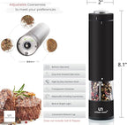 Electric Salt and Pepper Grinder - Battery Operated Stainless Steel Pepper Mill with Light (Black) - Automatic One Handed Operation - Electronic Adjustable Shaker - Ceramic Grinder