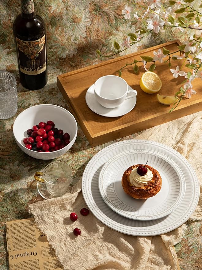 Famiware Garden Plates and Bowls Sets, 18-Piece Dishes Set for 6, Scratch Resistant Kitchen Dishes Dinnerware Set - Microwave and Dishwasher Safe, Reactive Glaze and Embossed Stoneware, White