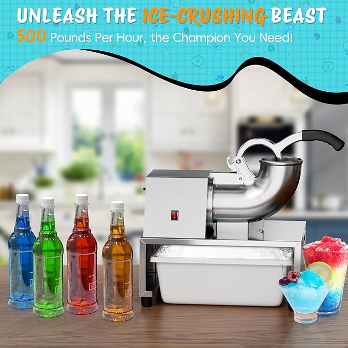 Snow Cone Machine Shaved Ice, 500LB/H Commercial Ice Crusher Shaved Ice Machine Fluffy, 300W Industrial Commercial Big Ice Shaving Machine for Snow Cones for Home Party