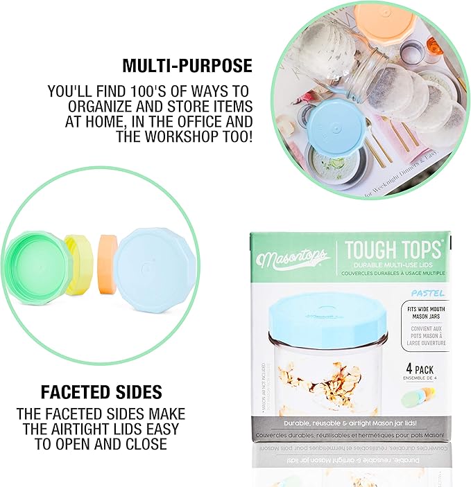 Masontops Tough Tops - Ball Wide Mouth Mason Jar Lids Plastic Leakproof - Multi Colored Plastic Mason Jar Lids - Reusable Canning Lids fit Ball Jars