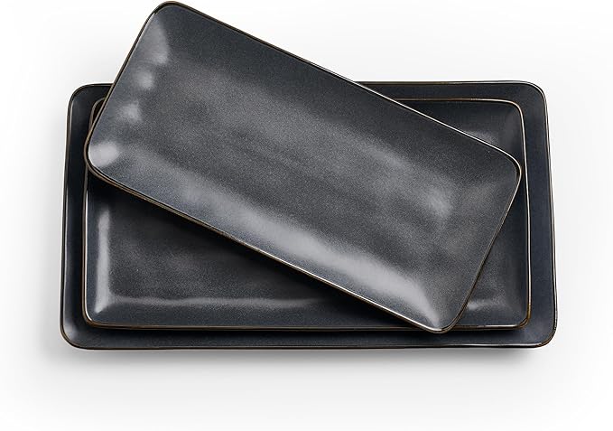 famiware Serving Platter, Rectangular 15.67/14.1/12.6inch Serving Dishes for Entertaining, Dishwasher Safe, Stoneware Serving Trays for Party, Food, Turkey, Snack, Cheese, Reactive Glaze, Matte Black