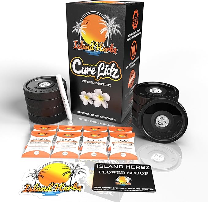Intermediate Cure Kit Fits All Wide Mouth Mason Jars: 8 Airtight Digital Cure Lids, 8-8 Gram Organic 2 Way Humidity Controllers 1 Scoop Card 1 White Erase Marker 1 Slap-On (8-Pack)