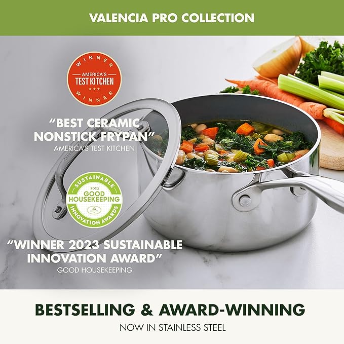 GreenPan Valencia Pro Tri-Ply Stainless Steel 1.5QT Saucepan with Lid, Ceramic Nonstick PFAS-Free, Multi Clad Cookware, Induction, Dishwasher Oven and Broiler Safe