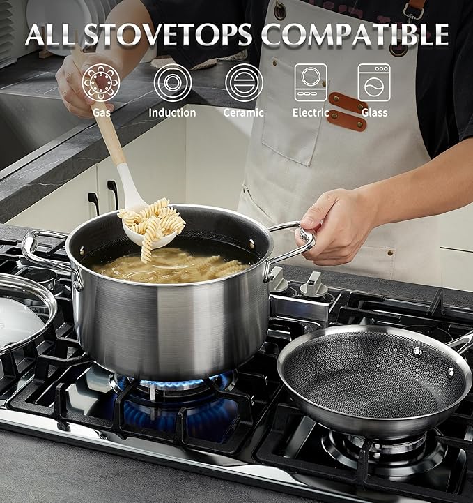 KOCH SYSTEME CS Tri-ply Stainless Steel Stock Pot, 8-Quart Nonstick Hybird 18/10 Stainless Steel Pot with Lid, Soup Pots with Nonstick Honeycomb Interior, Compatible with All Cooktops, Oven Safe