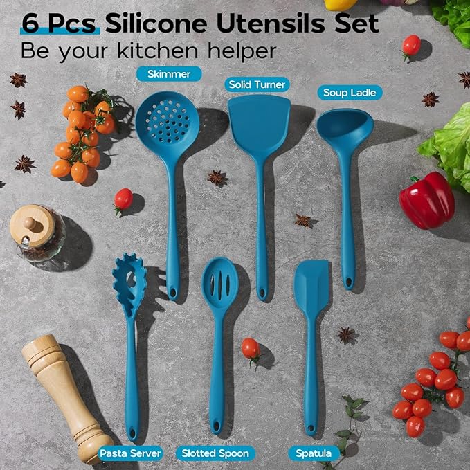 Onader Silicone Cooking Kitchen Utensils Set of 6, Navy Blue Kitchen Utensils Gadgets Set for Nonstick Cookware, Non Toxic & Dishwasher Safe