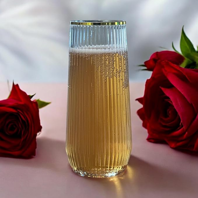 24 Pack Ribbed Ripple Stemless Toasting Glasses, Origami Durable 9 Oz BPA-Free Disposable Plastic Champagne Flutes for Weddings, Bars, Events, and Celebrations (Gold Rim)