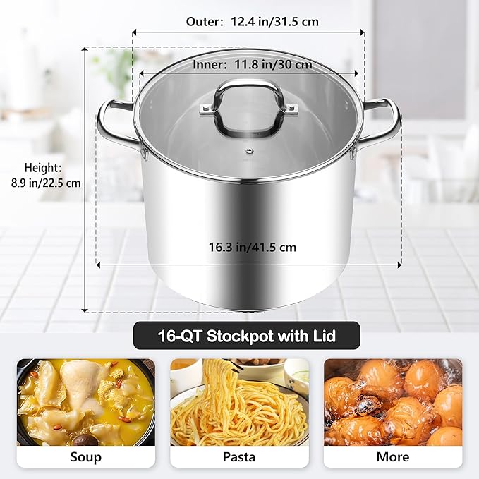 Homikit 16 Quart Stainless Steel Stock Pot, Large Sauce Soup Pot with Lid & Handles, Heavy Duty Cookware for Canning Steaming Simmering, Induction Stockpot Compatible All Cooktops, Dishwasher Safe