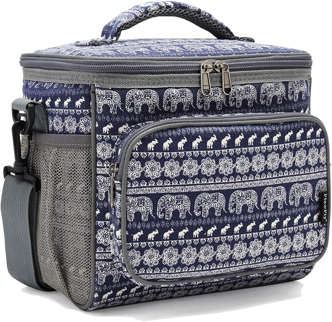 FlowFly Insulated Reusable Lunch Bag Adult Large Lunch Box for Women and Men with Adjustable Shoulder Strap,Front Zipper Pocket and Dual Large Mesh Side Pockets,Elephant