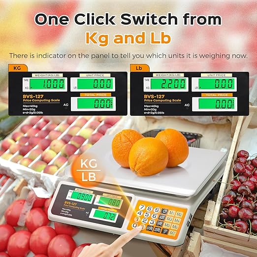 Bonvoisin Price Computing Scale 88lb/ 40kg, Commercial Food Weighing Scale 2g Division, Rechargeable Produce Deli Scale with Stainless Steel Plate for Farmer's Markets, Retail Outlets, Butcher Shops