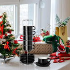Sweejar Ceramic Espresso Cups Set of 6, Espresso Cup Stackable, 4 Oz Stackable Cappuccino Cups with Saucers and Metal Stand for Coffee Drinks, Americano, Latte, Tea (Black)