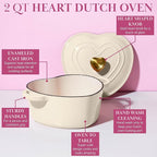 Paris Hilton Enameled Cast Iron Dutch Oven Heart-Shaped Pot with Lid, Dual Handles, Works on All Stovetops, Oven Safe to 500°F, 2-Quart, Cream