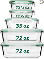 Fusion Gourmet Large Glass Food Storage Containers with Lids [5 Pack, 72 oz, 9 Cup], Airtight, Leakproof, Microwave and Oven Safe Borosilicate Glass