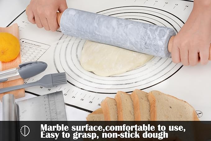 Marble Rolling Pin Set with Silicone Pastry Mat,Pastry Brush,Cooking Tongs,Stainless Steel Scraper18.5 inch Polished Non-Stick Roller for Pizza Dough,Fondant,Pie Crust(Gray White)