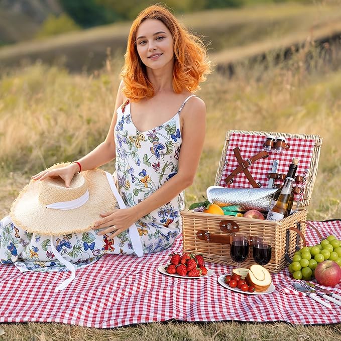 HappyPicnic Picnic Basket Set for 2 - Wicker Picnic Basket with Waterproof Blanket & Insulated Liner, Large Handmade Willow Hamper with Cutlery Kit for Outdoor, Picnic, Camping, Party, Holidays (Red)