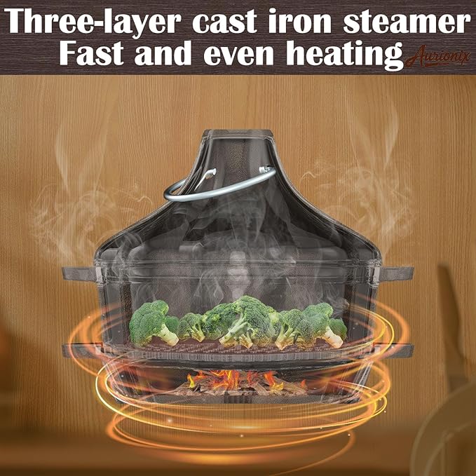 Cast Iron Sauce Pan with Steamer Basket & Lid three-ply, Cast Iron Steamer for Cooking Set, Butter Melting Pot, Garlic Roasters, Food pretreatment for Stovetop, Grilling & Camping