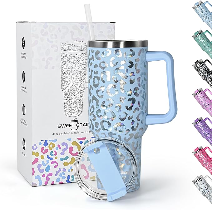 sweet grain 40 oz Tumbler with Handle and Straw, Stainless Steel Blue Leopard Print Tumbler and Straw Lid, Double Vacuum Cheetah Cup, Keeps Drinks Cold Up to 24 Hours