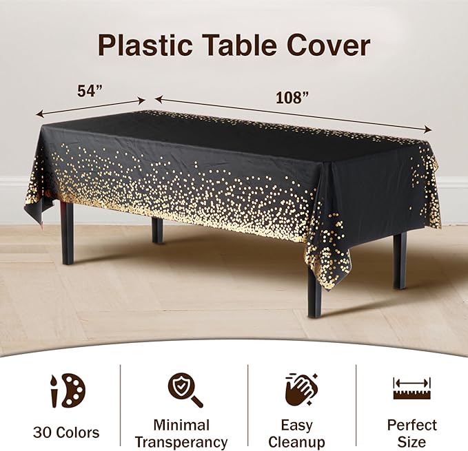 Exquisite Party Solids White and Gold Tablecloth 12-Pack New Years Plastic Tablecloth Black and Gold Dot 54in. X 108in. Rectangle Table Cover Black and Gold Party Decorations