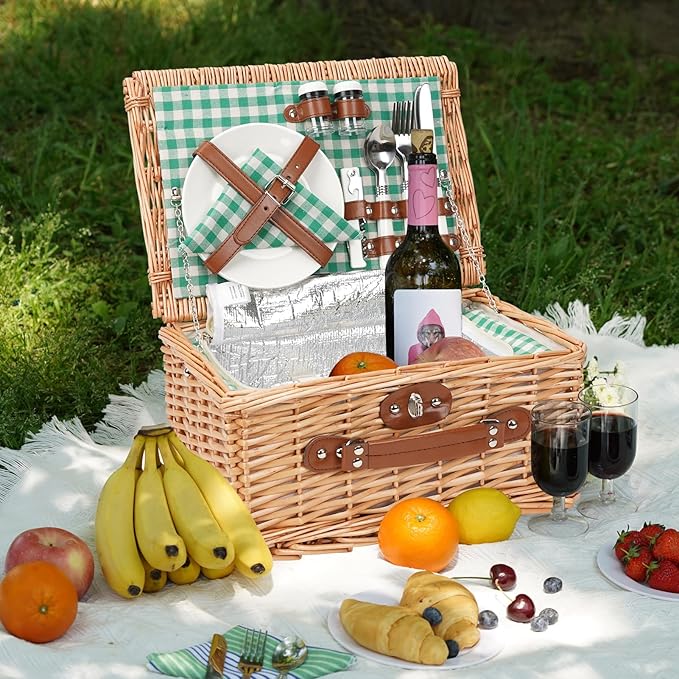 ZORMY Wicker Picnic Basket for 2 Person, Willow Hamper Basket Sets with Insulated Compartment, Handmade 2 Person Picnic Basket for Camping - GreenCheck
