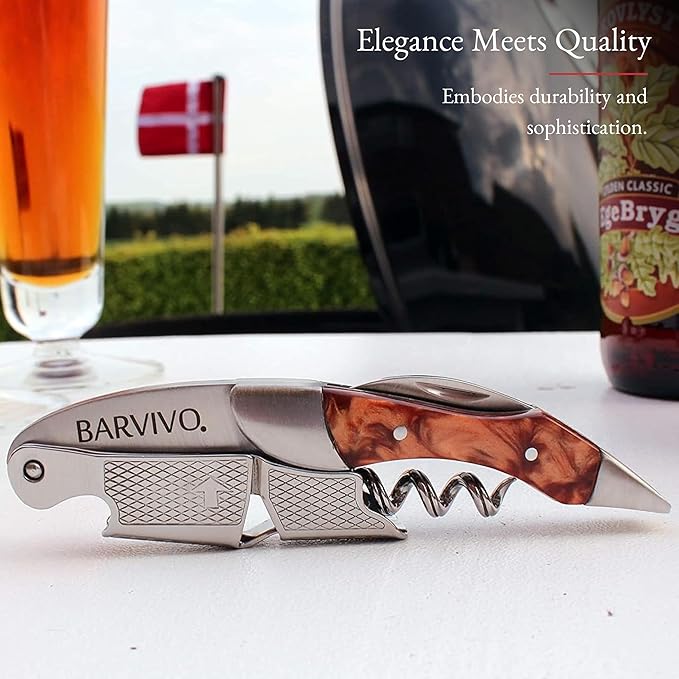 Barvivo Gold Resin Wine Opener with Foil Cutter Knife and Cap Remover, Double Hinged Manual Wine Key for Bartenders, Servers, Waiters, Stainless Steel Wine Bottle Opener Corkscrew