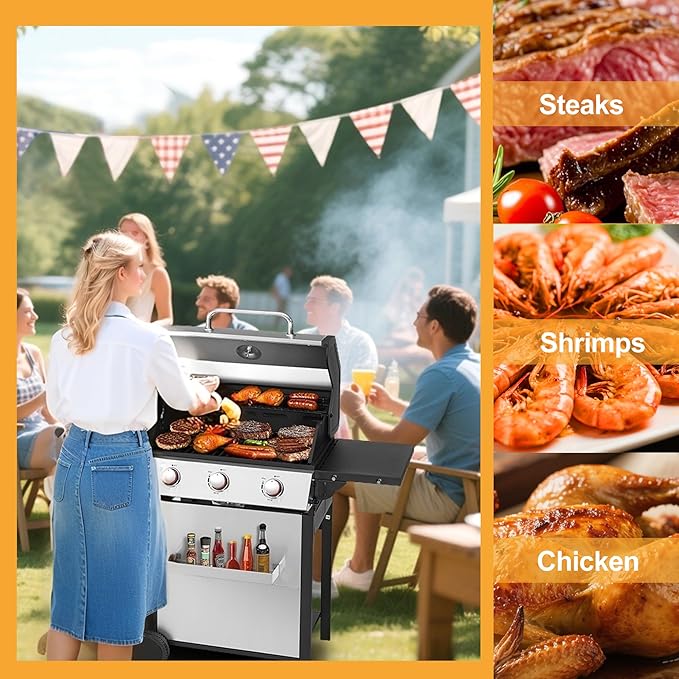 3 Burner Propane Gas Grill, Stainless Steel Cabinet with Side Table & Knob Controls, BBQ Grills Cast Iron Grates and Thermometer for Outdoor Cooking, Patio, BBQ