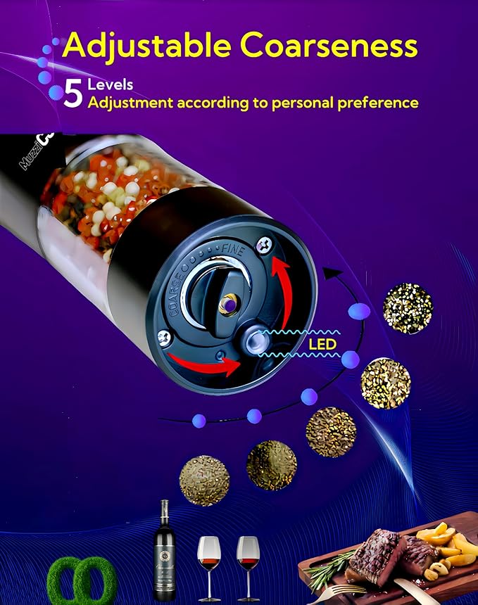 Electric Salt and Pepper Grinder Set with USB Charging Base, Upgraded 95ml Larger Capacity, Adjustable Coarseness, ABS Automatic Pepper Mill with One-Hand Operation, 2 Pack(Black+White)