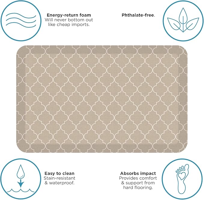 GelPro Anti-Fatigue Designer Comfort Kitchen Floor Mat, 20x32, Trellis Khaki Stain Resistant Surface with 3/4” Thick Ergo-Foam Core for Health and Wellness