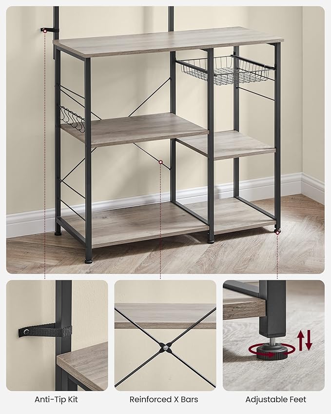 VASAGLE Baker's Rack, Microwave Stand, Kitchen Storage Rack with Wire Basket, 6 Hooks, and Shelves, for Spices, Pots, and Pans, Heather Greige and Ink Black UKKS035B02