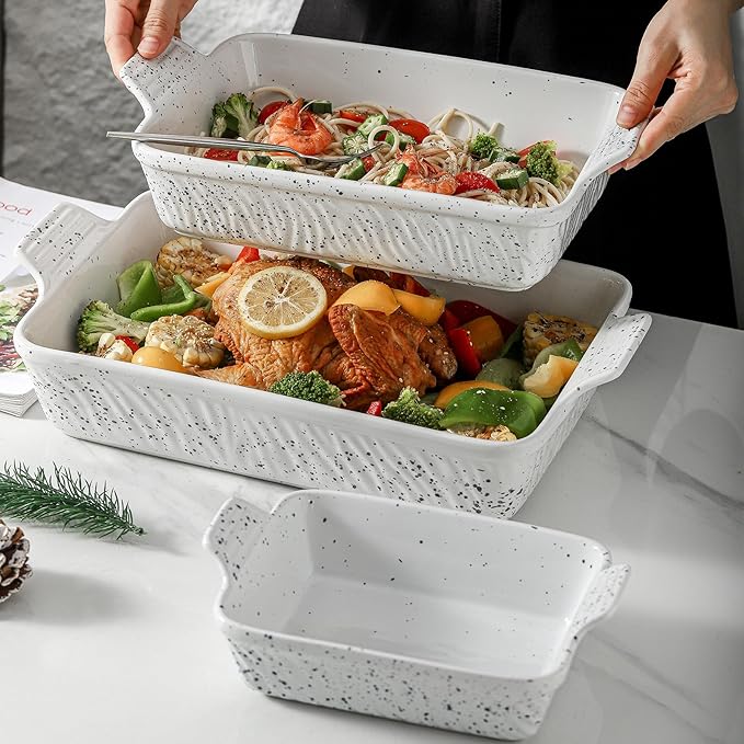 KOOV Bakeware Set, Ceramic Baking Dish, Rectangular Lasagna Pans for Cooking, Cake Dinner, Kitchen, 9 x 13 Inches, 3-Piece, Splash Series (Splashed White)