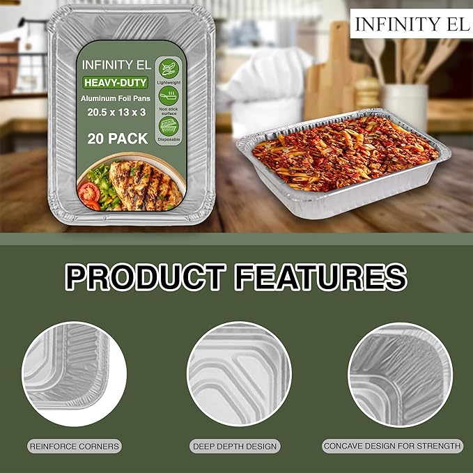 INFINITY EL Disposable Aluminum Foil Pans 20 Pack | Full Size 20.5" x 13" x 3" Deep Disposable Pan, Aluminum Baking Pan | Heavy Duty Foil Pan for Roasting Turkey, Lasagna, Thanksgiving, Christmas