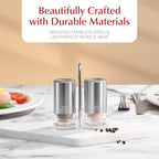 Salt and Pepper Shakers with Holder - Elegant Stainless Steel Salt Shaker and Pepper Shaker Set with Acrylic Holder for Kitchen Counter or Restaurant Table