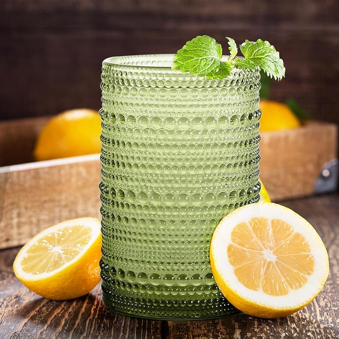 Hobnail Drinking Glasses Set of 6, Vintage Colored Glassware 14.5oz, Tall Beverage Glass Cups for Water, Juice, Cocktail (Green)