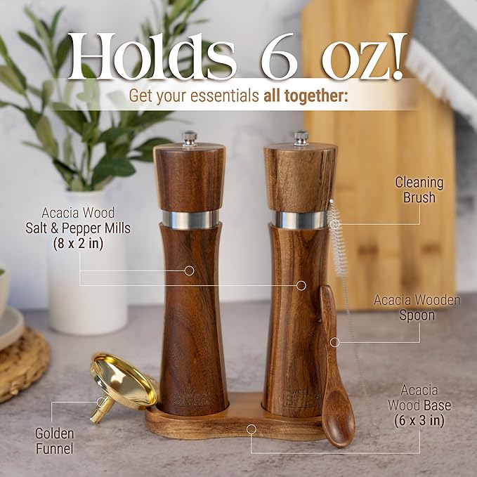 Acacia Wood Salt & Pepper Grinder Set – 8" Manual Adjustable Mills – Wooden Pepper Mill Gift Set with Funnel, Spoon & Brush – Eco-Friendly Kitchen Spice Grinder