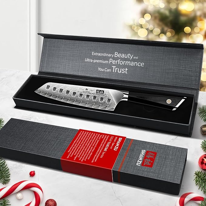 SHAN ZU Personalized Damascus Chef Knife 7 Inch, 67 Layers Damascus Steel 10Cr15CoMoV Sharp Kitchen Knife, Customized Gift for Father's Day, Mother's Day, Halloween, Christmas, Birthday, Wedding