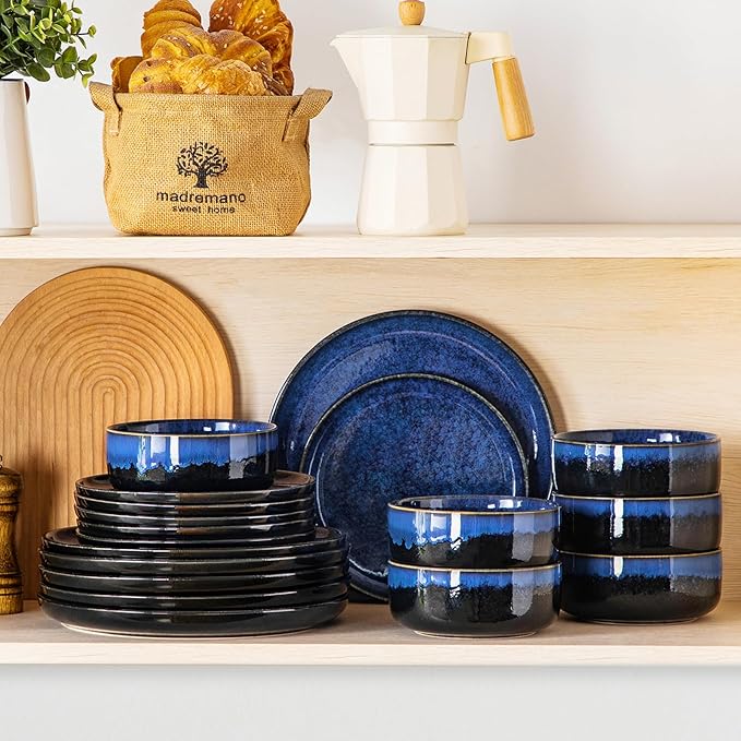 vancasso Starry 18 Pieces Dinnerware Sets for 6, Blue Reactive Glaze Dishes Sets, Ceramic Plates and Bowls Set, Dinner Salad Dessert Plates, and Cereal Bowls Set, Dishwasher and Microwave Safe