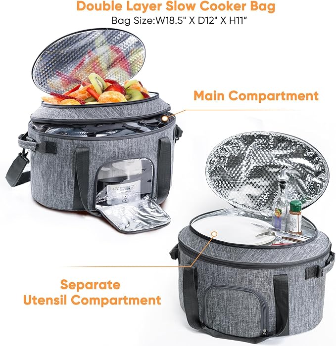 Double-Layer Slow Cooker Carrying Bag for 6-8 Quart CrockPot and Hamlton Beach Slow Cooker, Travel Bag with Lid Fastener for Crock-pot, Portable Carrier Case Slow Cooker Bag with See-thought Window