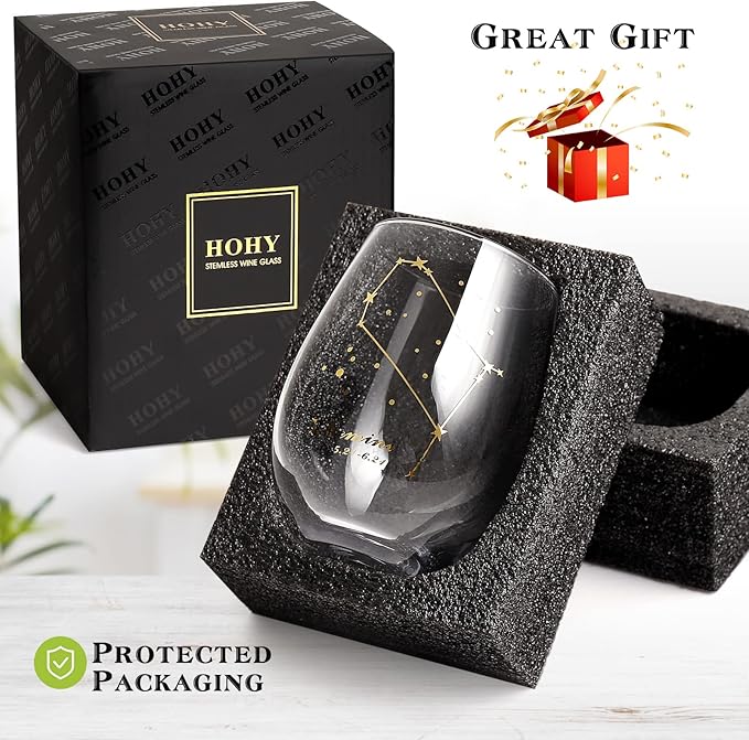 HOHY Gemini Stemless Wine Glass - 20 Oz, Constellation Design, Astrology Zodiac Gift for June Birthday Women