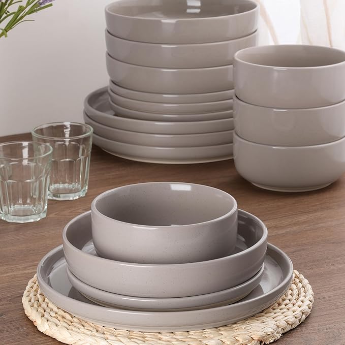 HaWare 16-Piece Plates and Bowls Set for 4, Stoneware Dinnerware Sets with Pasta Bowl, Dishes Set for Home Restaurant, Speckled Cream Coffee