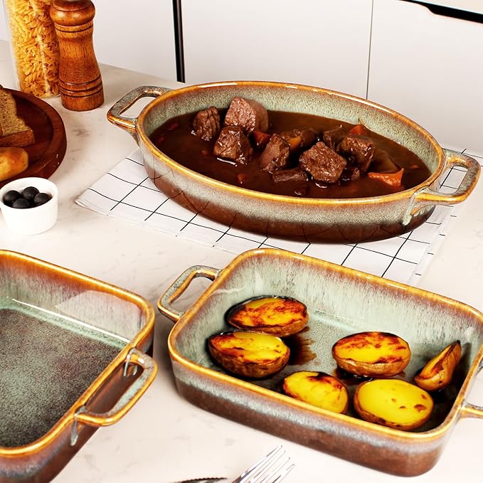 Oval Casserole Dish, 12" x 8" Ceramic Au gratin Baking Dish, 1.6 Qt Large Lasagna Pan Deep for Oven, Baking Pan with Handles - Oven, Microwave, Freezer and Dishwasher safe - Great Gift