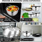 P&P CHEF Mixing Bowl with Lid Set of 7, Stainless Steel Nesting Salad Bowls for Cooking Serving Prepping, Clear Lids & Stackable Design, Size 4.6, 3.5, 3, 2, 1.5, 1, 0.7 Qt - Black