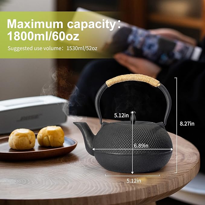 suyika Japanese Tetsubin Tea Kettle Cast Iron Teapot with Stainless Steel Infuser 60 oz/1800 ml