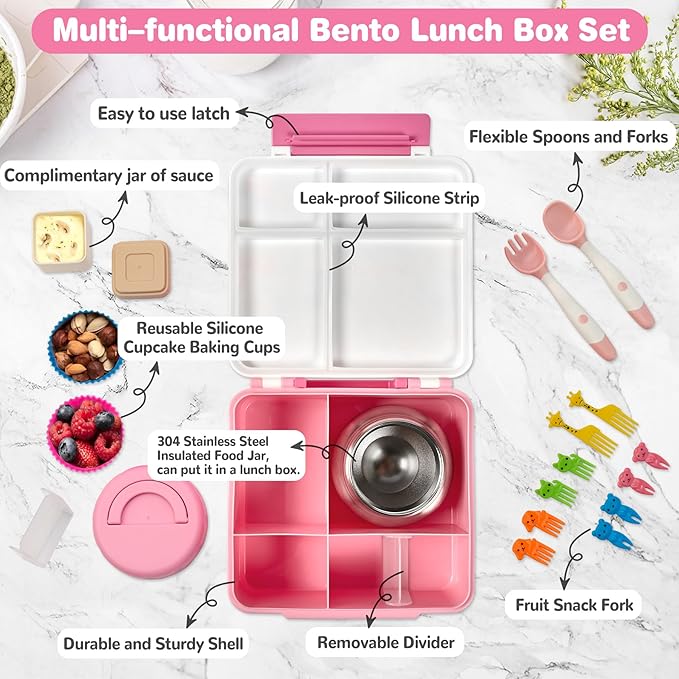 Bento Lunch Box with 9.5 oz Soup Thermo, Kids Leakproof 4 Compartments Bento Box with Silicone Cupcake,Fruit Fork,Spoon and Sauce Cup,Insulated Food Jar for School Travel-Rainbow Horse