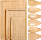 Riveira Bamboo Cutting Boards For Kitchen with Wooden Spoons For Cooking – Set of 3 Pcs Wooden Cutting Board & 6 Bamboo Spoons – Wooden Cutting Boards For Kitchen – Complete Wooden Cooking Utensils