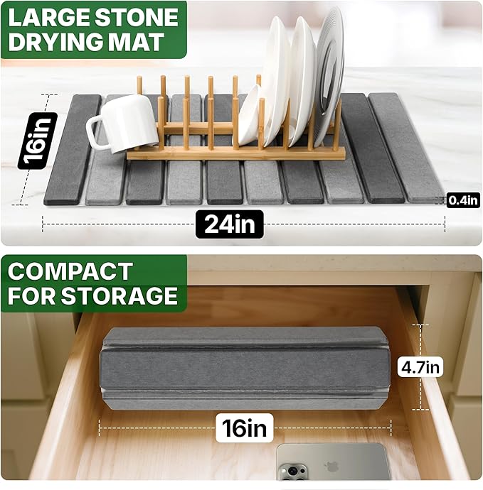 MHM Stone Dish Drying Mat – Volcanic Diatomaceous Earth from Changbai Mountains – Fast-Absorbing, Heat Resistant, Bamboo Rack Included – Eco-Friendly, Minimal Kitchen Drying Mat