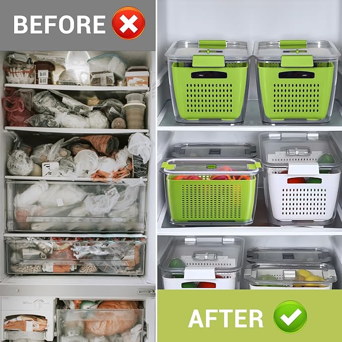 LUXEAR Fruit Vegetable Storage Container, 4 Pack Fresh Containers for Fridge with Lids BPA-Free Produce Refrigerator Organizer for Fruit, Veggie, Berry, Meat Storage Keep Fresh Longer-Green