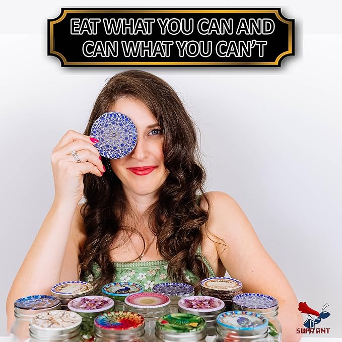 Supa Ant Wide Mouth Canning Lids (100pcs) Decorative Tin Canning Lids Wide Mouth (Wood Frame) Buckle Proof and Rust Proof - Perfect Fit Can Lid for Mason Jars Canning Supplies