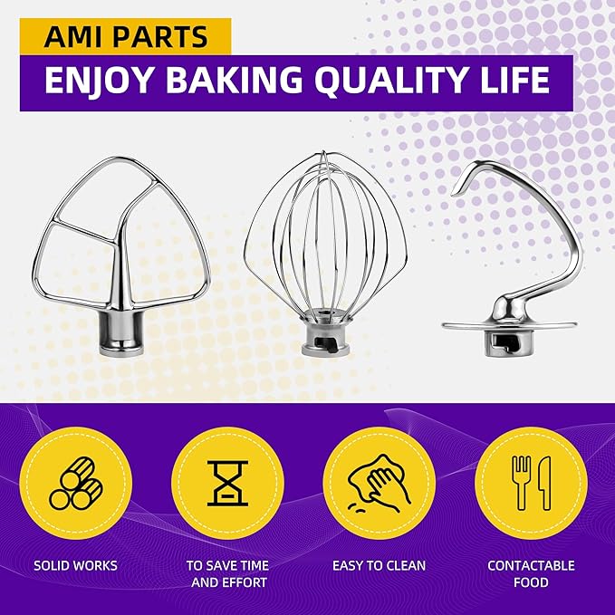 3 Pieces Stand Mixers Repair Set Stainless Steel for Kitchen Tilt-Head Stand Mixers K45DH Dough Hook K45B Coated Flat Blade Paddle K45WW Wire Whip Compatible with Kitchen-aid Accessories by AMI PARTS